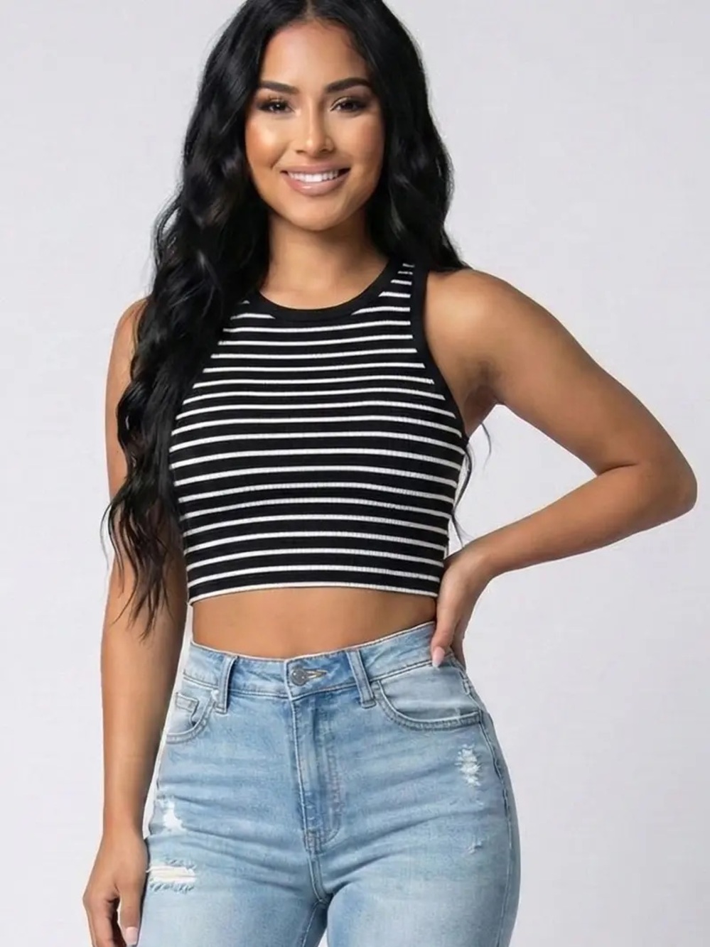 Striped Black & White Ribbed Crop Tank Top
